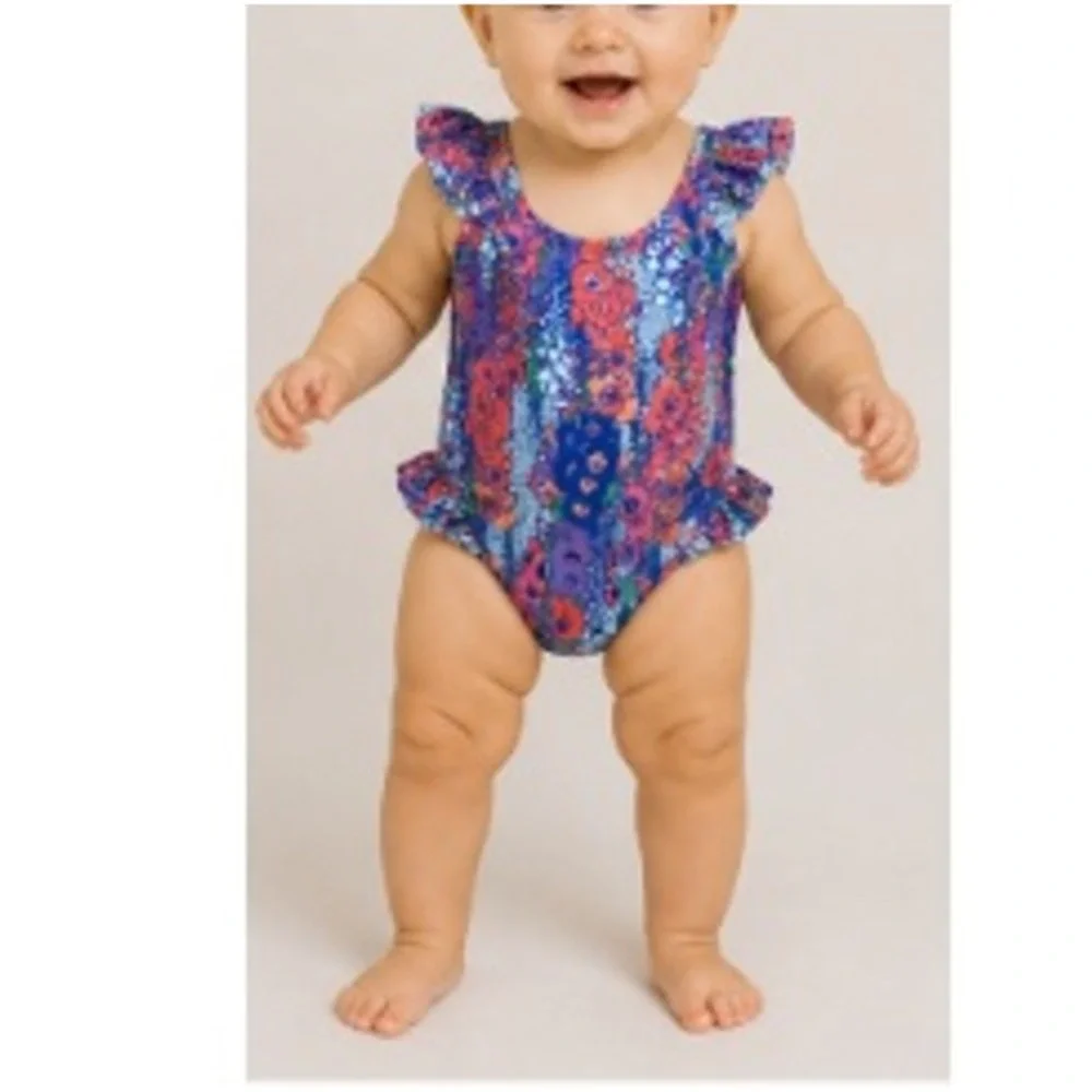 Kate Quinn Baby Vivid Hollyhocks Snap Side Ruffle Tank Swimsuit 12-18M NWT